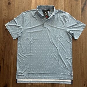 NEW NWT RLX Ralph Lauren Mens Medium Golf Polo Shirt Blue All Over Logo Wicking